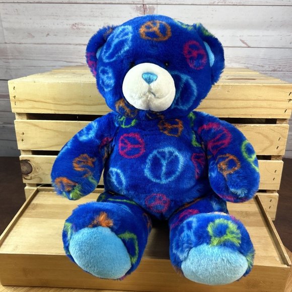 Build-A-Bear Workshop Plush Dark Blue Peace Sign Teddy Bear Stuffed Animal 14" - Picture 1 of 7